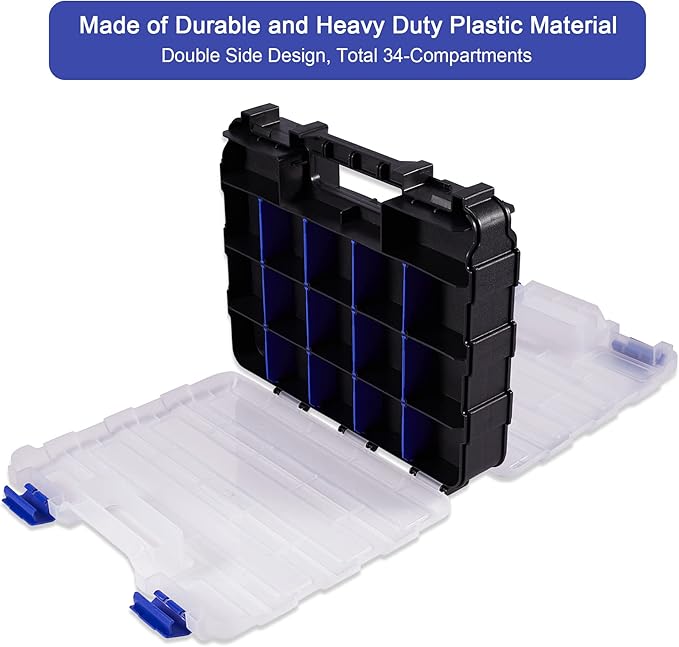 Small Parts Storage Case Tools Box Organizer Double Side 34 Compartments Hardware Organizers with Removable Plastic Dividers for Screws Nuts Nails Bolts