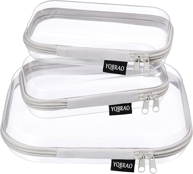 YQBRAO 3-Pack Clear Hard Shell Zipper Case - Grey Edition, 1.2mm Heavy-Duty Crush-Proof Travel Makeup Bag, TSA Approved Clear Zipper Pouches, Rigid Diaper Bag Organizer for Tech & Daily Essentials