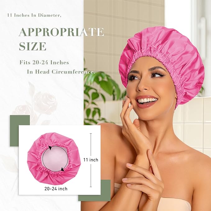 Reusable Shower Cap for Women, Large Waterproof Shower Bonnet with Elastic Band, Washable Bath Hair Cap for Long, Curly Hair, Braids, Daily Shower, Home Spa, Travel(Rose Red)
