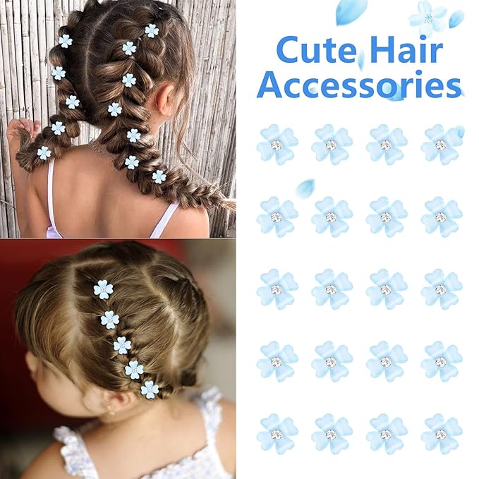 YISSION 20 Pcs Mini Blue Flower Hair Clips with Rhinestone Cute Hair Pins Decorative Hair Clips Wedding Hair Barrettes Bridal Hair Accessories for Girls Women