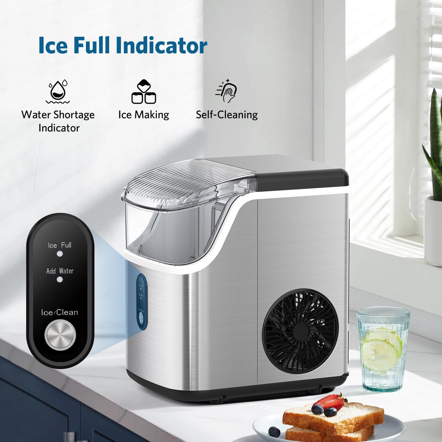 COWSAR Nugget Ice Makers Countertop Soft Chewable Pellet Ice Machine with Auto-Cleaning Function, 35Lbs/24H, Portable Ice Makers for Kitchen, Office, Home,Silver
