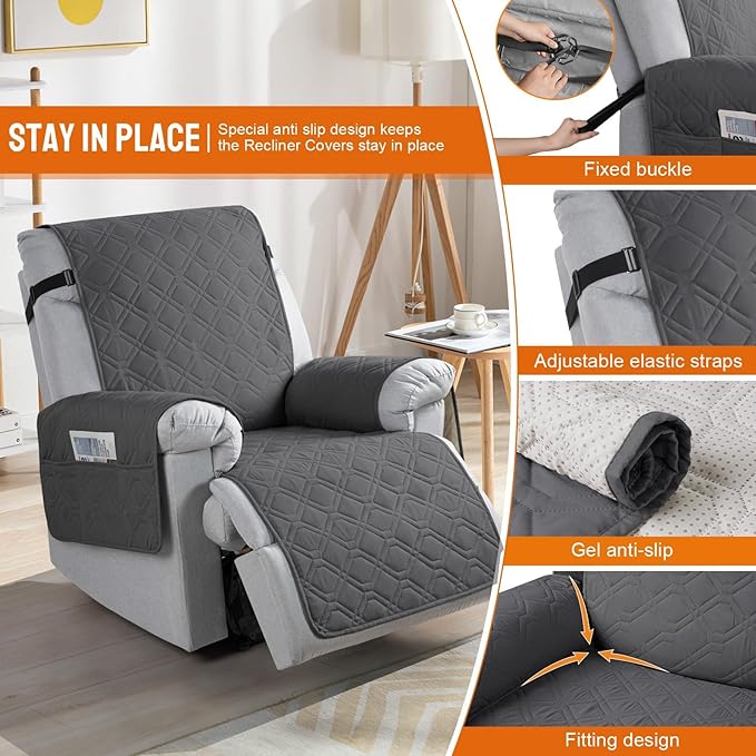 VANSOFY 100% Waterproof Recliner Chair Covers, Recliner Cover Non-Slip Dog Chair Cover Furniture Protector Washable Slipcover with Pocket, Elastic Straps for Pets, Dogs(Charcoal Gray, 22")