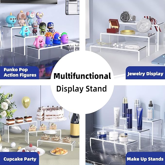 Goabroa 2 Sets 6 Pcs Clear Cupcake Display Risers 3 Tiers Rectangular Risers Display Stands 4mm Thick Collectibles Jewelry Display Shelf Lego Display Shelves Risers