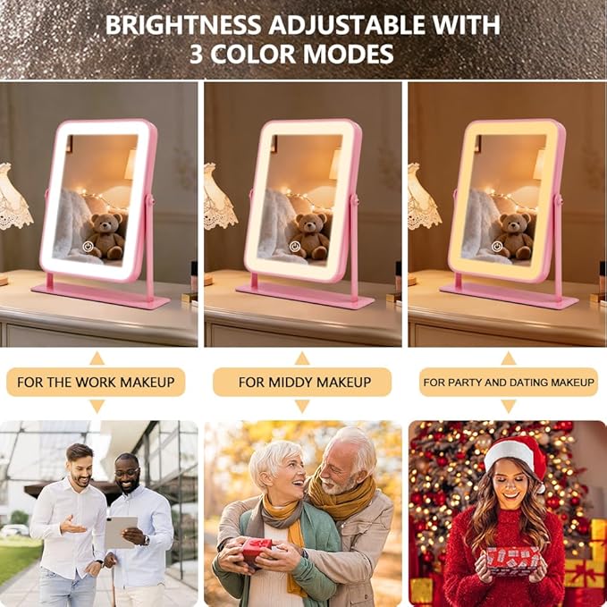 YEKKOPT Portable Desk Vanity Mirror with Lights,11"ÃÂ9" Small Pink Rechargeable Makeup Mirror with Lights,Smart Touch Screen with 3-Color Lighting,Dimmable,for Dorm Tabletop,Bedroom,Decor