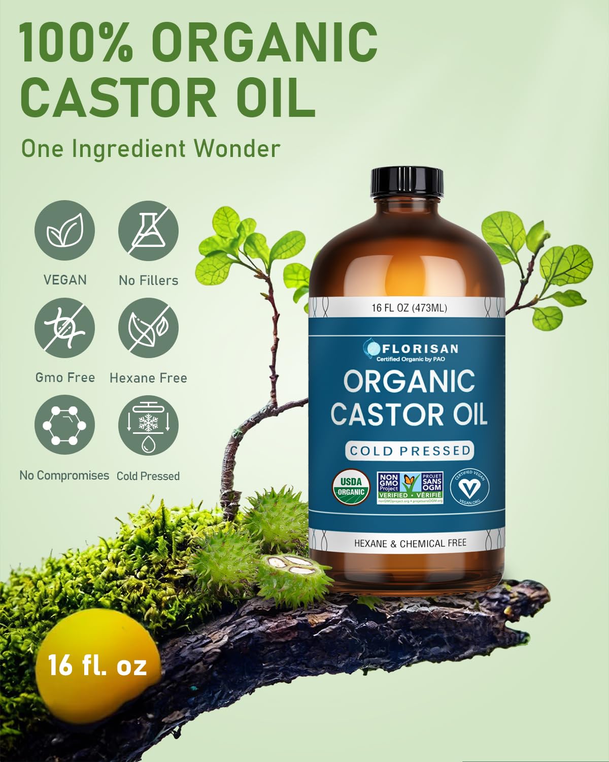 Florisan Organic Castor Oil 16oz Glass Bottle, Cold Pressed, Hexane-Free, Non-GMO, 100% Pure Castor Oil for Hair Growth, Skin, Lashes, Eyebrows, EWG Verified & USDA Organic Certified