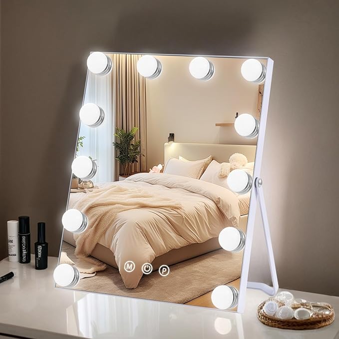 Makeup Mirror, Vanity Mirror with Lights, Hollywood Mirror with 12 Dimmable Bulbs, 3 Color Modes and 12 Dimmable Bulbs, Smart Touch Control, Gifts for Her, Dorm Room Essentials
