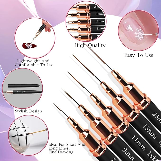 5pcs Nail Art Liner Brushes, Liner Brush For Nails Gel, Painting Art Design Brush Set Nail Dotting Drawing Tool For Long Lines, Thin Details, Fine Drawing Sizes 7/9/11/15/25mm（Black）