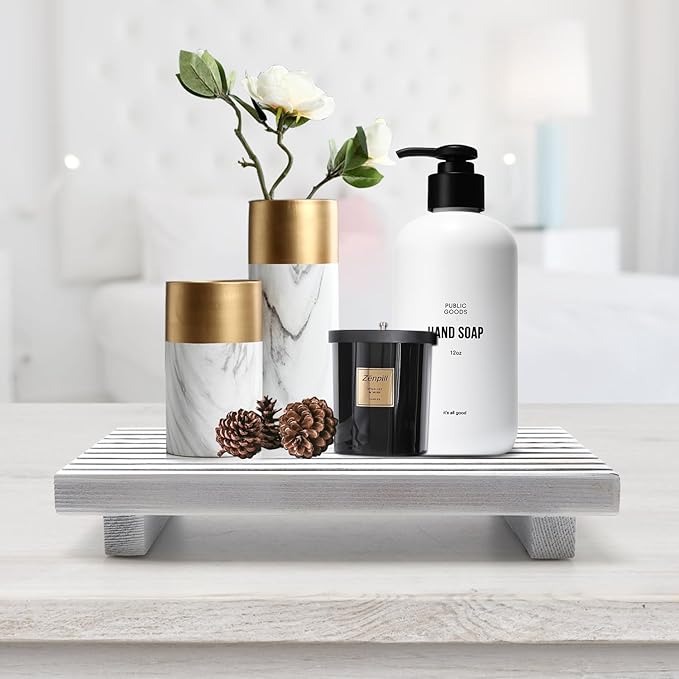 Modern White Wood Pedestal Stand for Bathroom Tray Kitchen Counter Decor Bathroom Sink Accessories Decorative Wooden Risers for Kitchen Soap Tray Vanity Bathroom Counter Decorations Dish Soap Holder