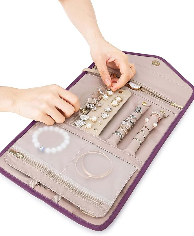 BAGSMART Travel Jewelry Organizer Roll Foldable Jewelry Case for Journey-Rings, Necklaces, Bracelets, Earrings,Purple