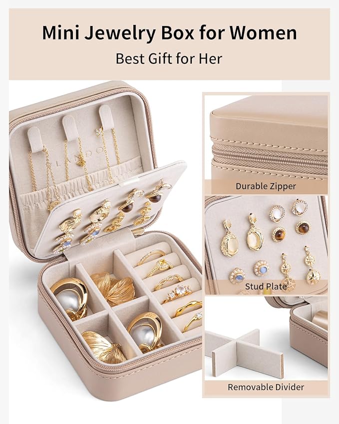 VLANDO Bridesmaid Proposal Gifts - Travel Jewelry Case, Small Travel Jewelry Organizer Box for Girls Women - Toffee