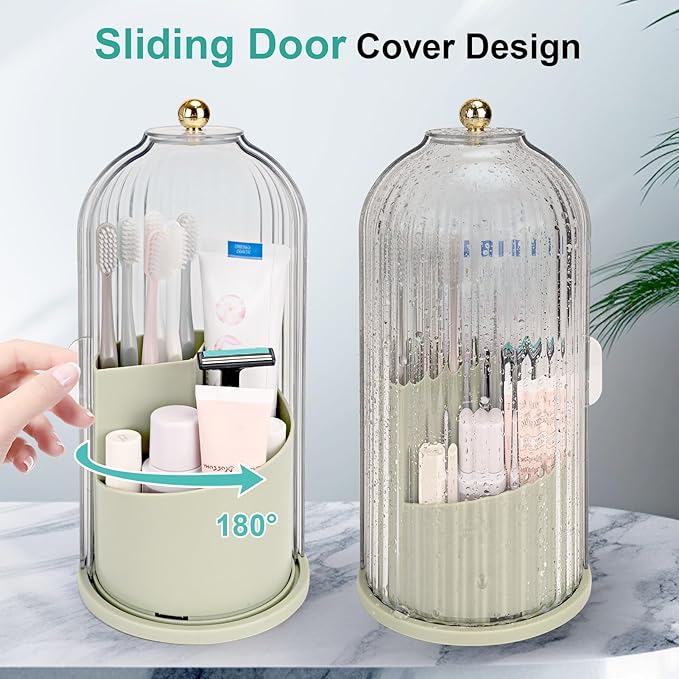 QIYVLOS Toothbrush Holders with Sliding Lid, Rotating 3 Slots Bathroom Organizer Countertop, Tooth Brush Toothpaste Holder Bathroom Counter Stand Sink Organizer Caddy for Makeup Brushes Holder (Green)