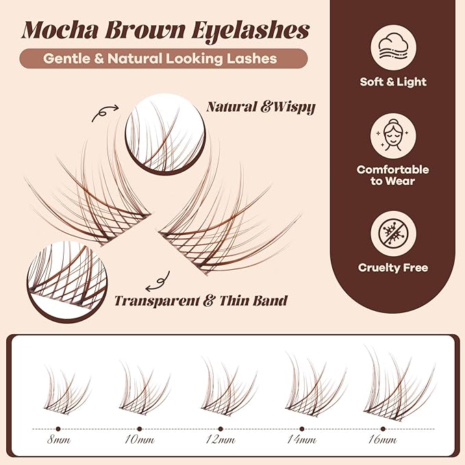 B&Q Brown Lash Clusters Kit Natural Mochalash Clusters 01, Brown Eyelash Clusters Kit C-Curl Cluster Eyelash Extensions 8-16mm Wispy Lash Eyelashes Kit for Fair/Dark Hair(Mochalash 01 Set)