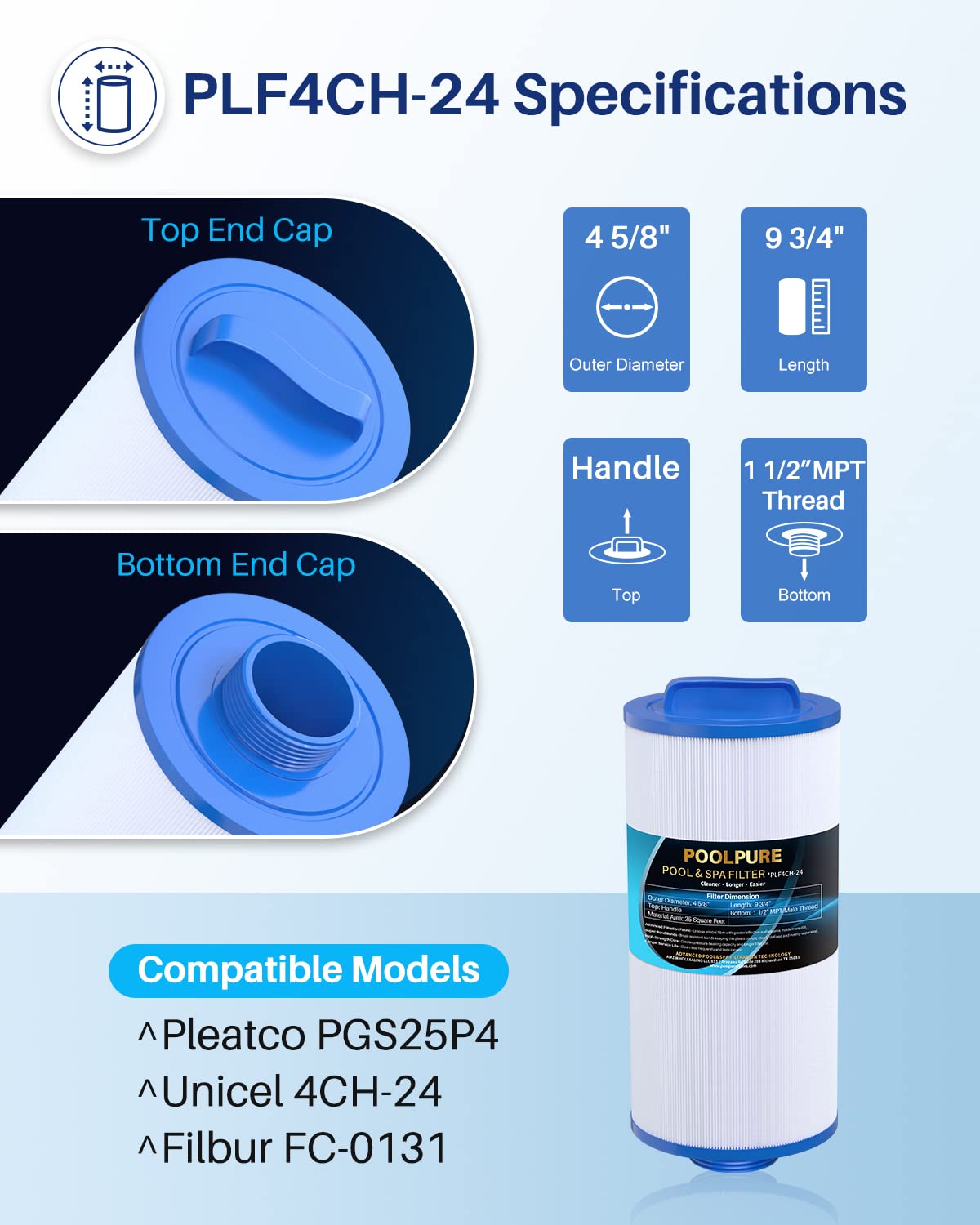 POOLPURE PLF4CH-24 Spa Filter Replaces Pleatco PGS25P4, Unicel 4CH-24, Filbur FC-0131, 20254-238, SD-00004, PAS-1217, 12519, AK-9004, SD-01103, Gatsby 25, 25 sqft Filter Cartridge 1 Pack