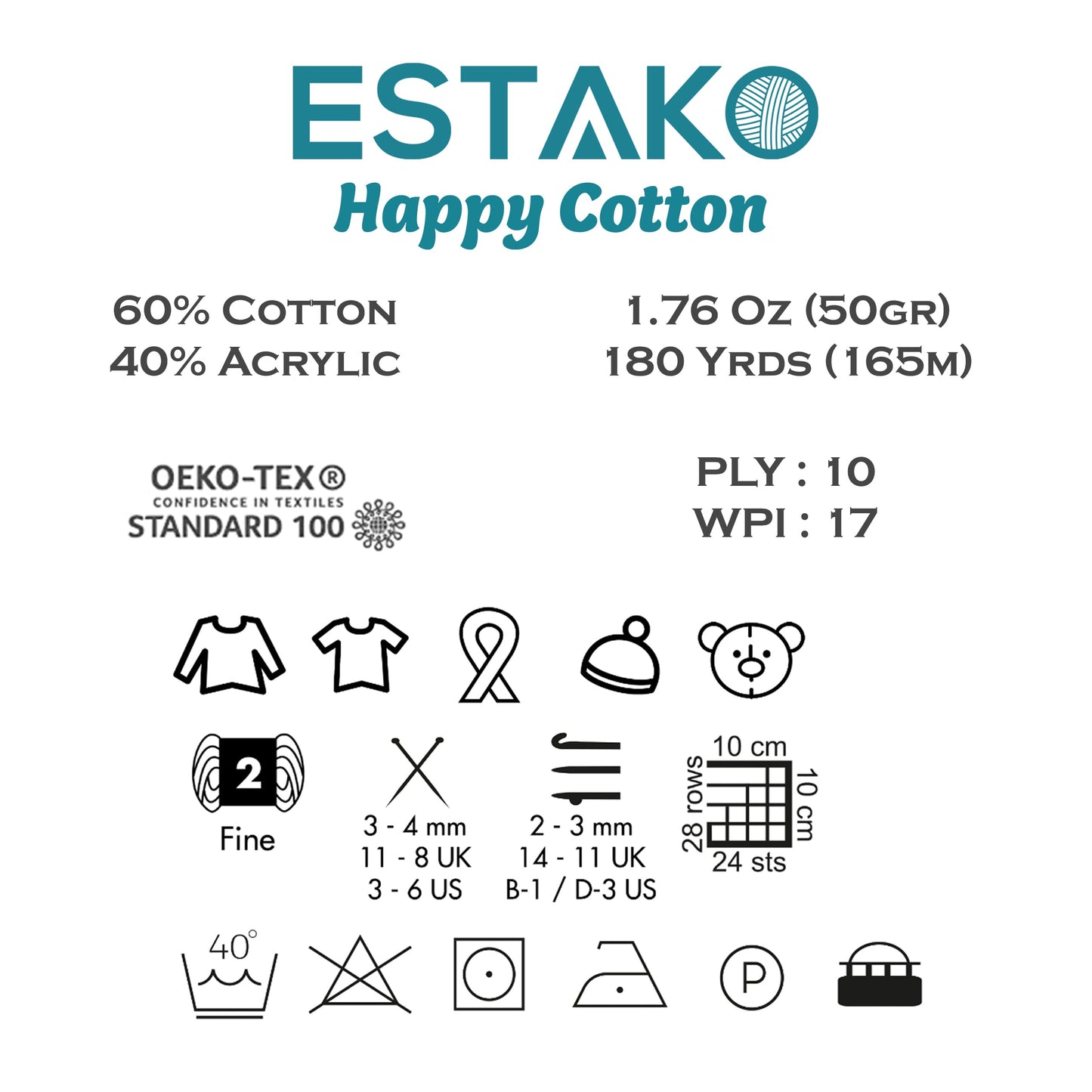 Estako Happy Cotton, (4 Skeins Pack) 60% Cotton 40% Acrylic Yarn, Soft, Fine/Sport (2) for Crochet and Knitting (4 x 1.76 Oz) / (4 x 180 Yrds) (4920 - Mint)