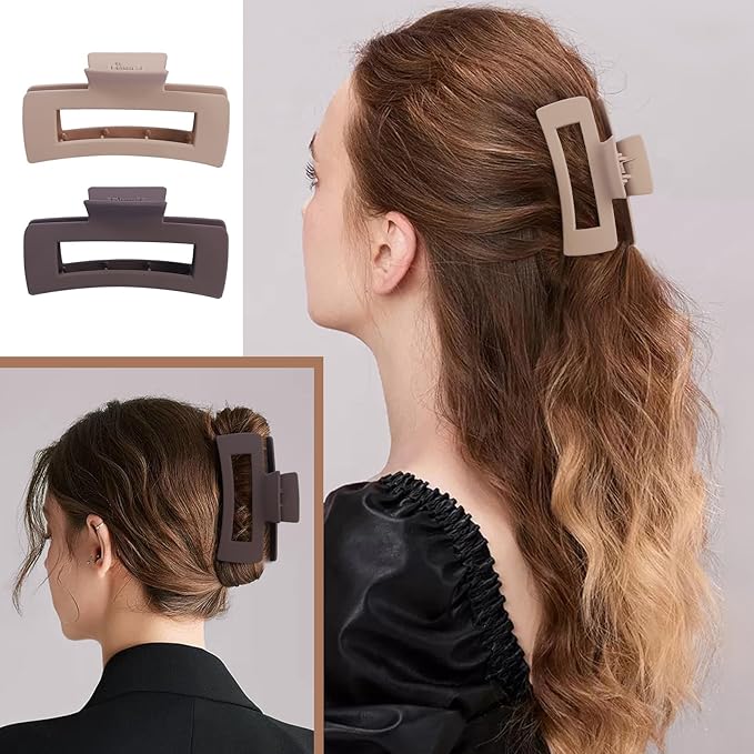 8 Pcs Large Hair Claw Clips 4.1 Inch Non-slip Big Square Matte Hair Claws for Women, Strong Hold Banana Clip for Thick Thin Hair(White/Brown)