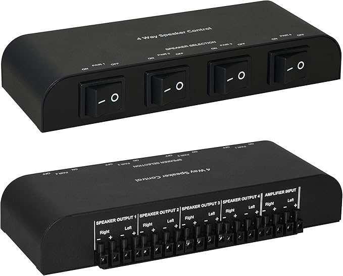 Xtrempro 61051 2 or 4 Way Speaker Switch, 1 in 2 Out or 1 in 4 Out Way Pair Stereo Speaker Selector W/Screw Type Connections Metal Non-Slip Box - Black (1 x 4 Way)