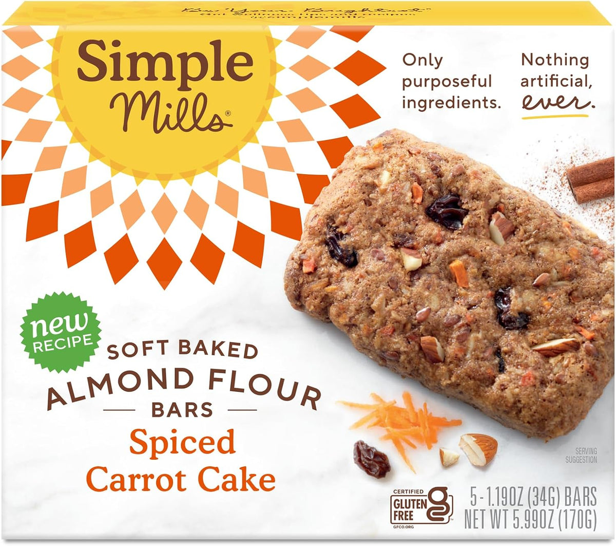Simple Mills Almond Flour Snack Bars, Spiced Carrot Cake - Gluten Free, Made with Organic Coconut Oil, Breakfast Bars, Healthy Snacks, Paleo Friendly, 6 Ounce (Pack of 1)