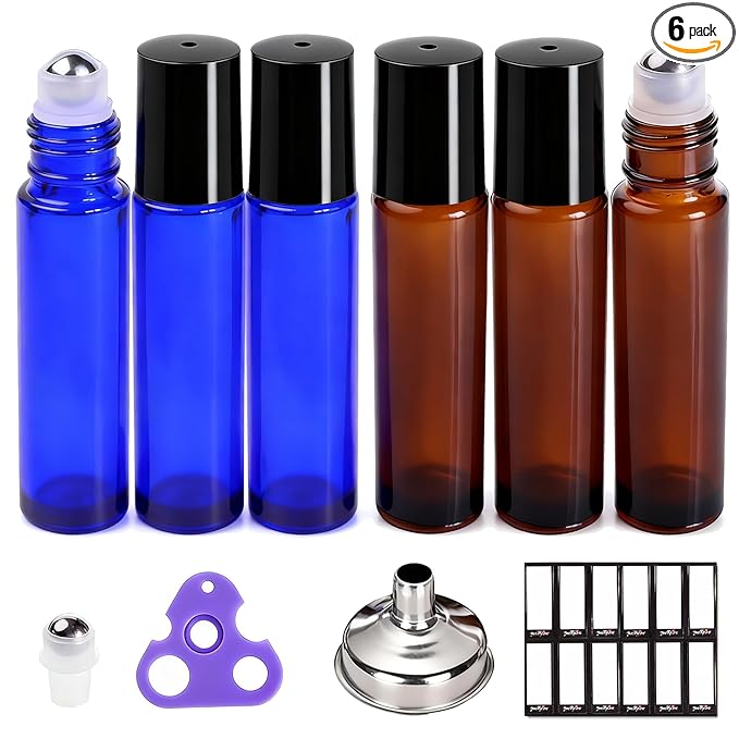 PrettyCare 6 pcs, 10 ml Roller Bottles for Essential Oil with Stainless Steel Roller Ball - Refillable Leak-proof Empty Thick Amber & Blue Glass Roll on Bottles with Black Caps for Travel, Perfume