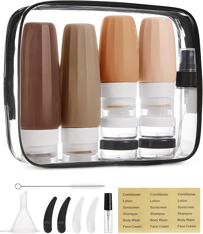 BAGSMART 18 Pack TSA Approved Travel Bottles for Toiletries, Leak Proof Silicone Travel Size Containers Bottles for Shampoo, Earth Tone