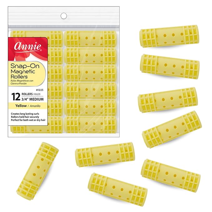 Annie Snap-On Magnetic Rollers 3/4 Inch Yellow 12 Pack - Medium Hair Curlers for Curls & Waves - Durable, Reusable & Easy to Use on Dry or Damp Hair - Secure Fit for All Hair Types