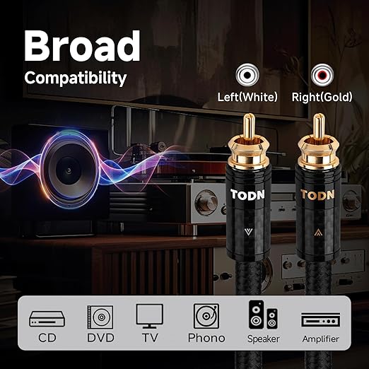 TODN Audiophile RCA Cables with Silver-Plated-OCC Core Dual Shielded HiFi RCA Audio Cable Male to Male for Home Stereo System (1.64 ft/0.5m, 1 Pair)