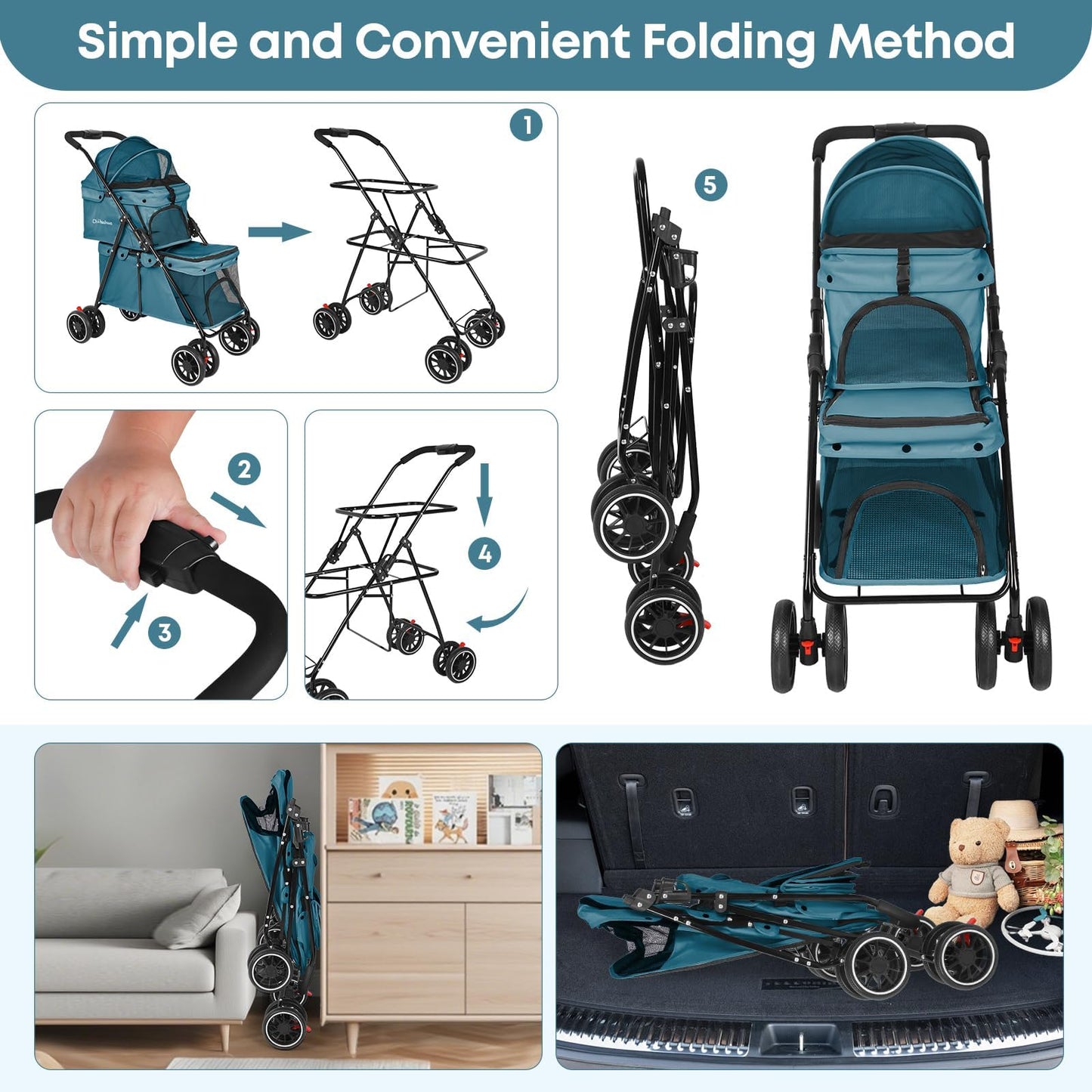 Double Pet Stroller for Dogs and Cats,Cat Strollers for 2 Cats,Double Dog Stroller for 2 Small Medium Dogs,4 Lockable Wheels/Lightweight/Folding,Green