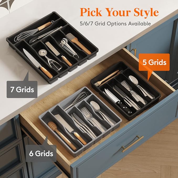 Lifewit Silverware Drawer Organizer Tray, Plastic Cutlery Storage for Kitchen, Flatware and Utensil Holder Divider for Spoons Forks Knives Tableware, 9.1 x 12.6", 5 Slots, Black