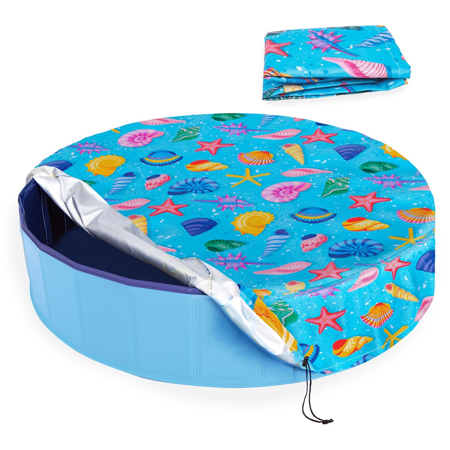 Docuwee Round Dog Pool Cover 63"(5ft), Foldable Kiddie Solar Cover Fit Dog Collapsible Swimming Pool, Pets Kids Bath Tub, Anti-UV Dustproof Safety Pool Covers, Starfish Patterns