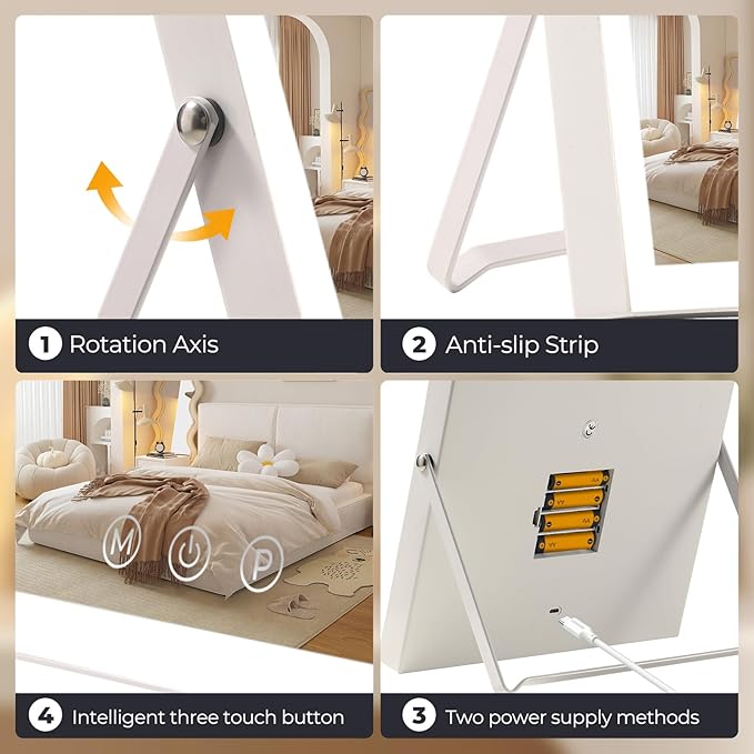 Vanity Mirror with Lights,10"x12" Lighted Makeup Mirror with 3 Color Modes & Dimmable, 360ÃÂ° Rotation Desk Mirror, Dual Power Supply, Smart Touch Control with Settings Memory (White)