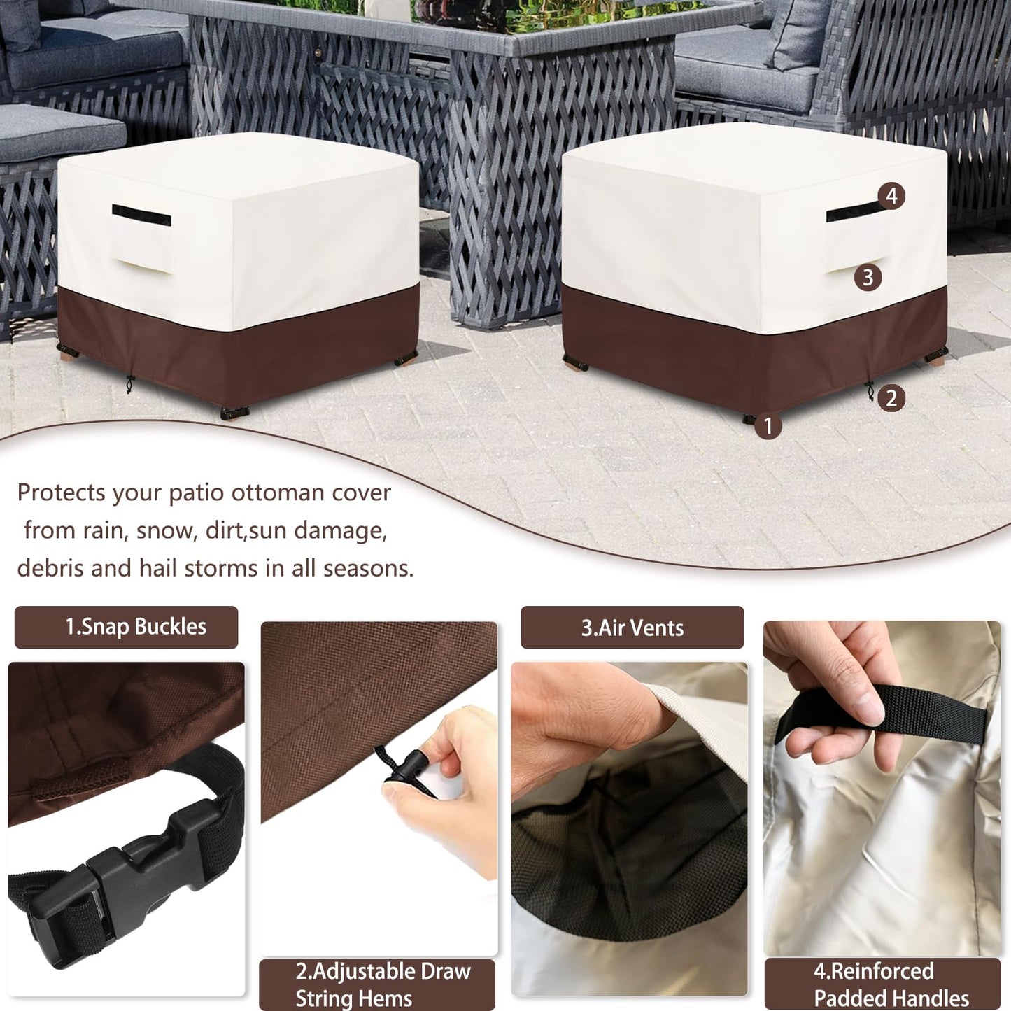 Aacabo Patio Ottoman Cover,25W x 25D x 18H inch,Waterproof Square Patio Small Side Table Cover,Suitable for 3-Piece Outdoor Wicker Patio Bistro Set Side Table(Beige)
