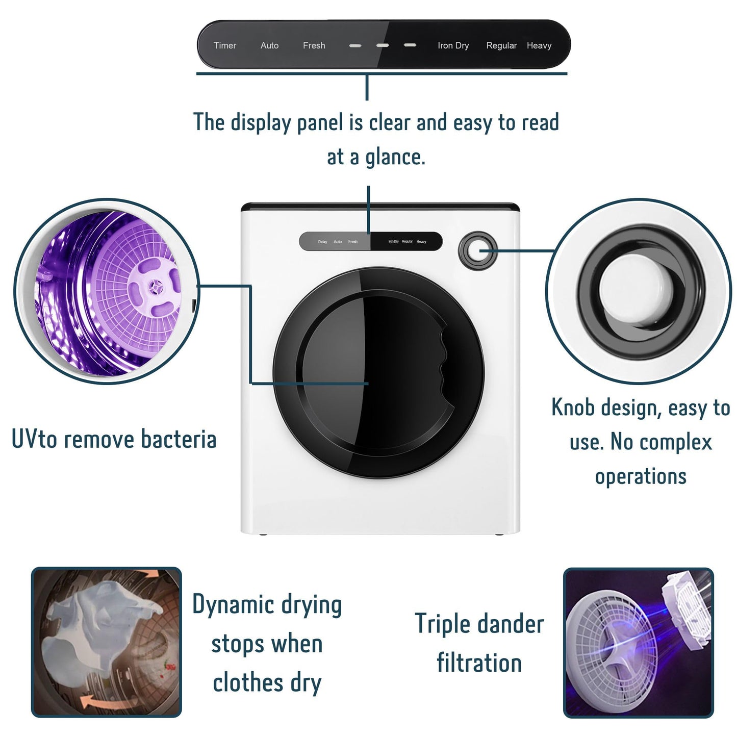 Dessiz 1.6 Cu.Ft.,11LBS Compact Dryer 950W Portable Clothes Dryer Machine with Stainless Steel Drum and Exhaust Hose,Dryer for RVs, Apartments,Dorm Rooms- Quiet, Sturdy,Easy to Use and LED Display