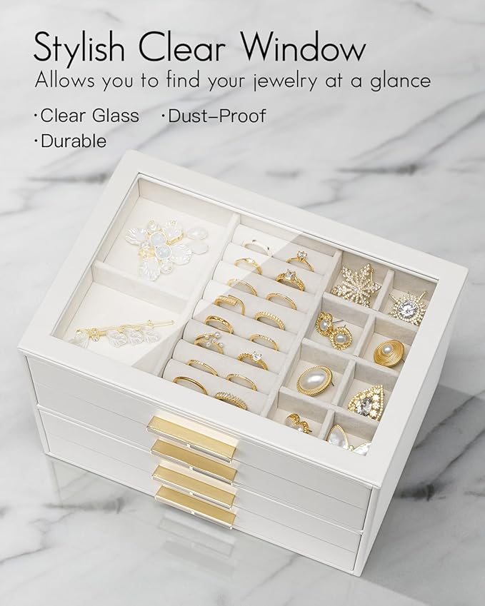 Vlando Jewelry Box for Women, Glass Lid Jewelry Organizer with 4 Drawers for Necklaces Rings Earrings Bracelets Christmas Gift - White