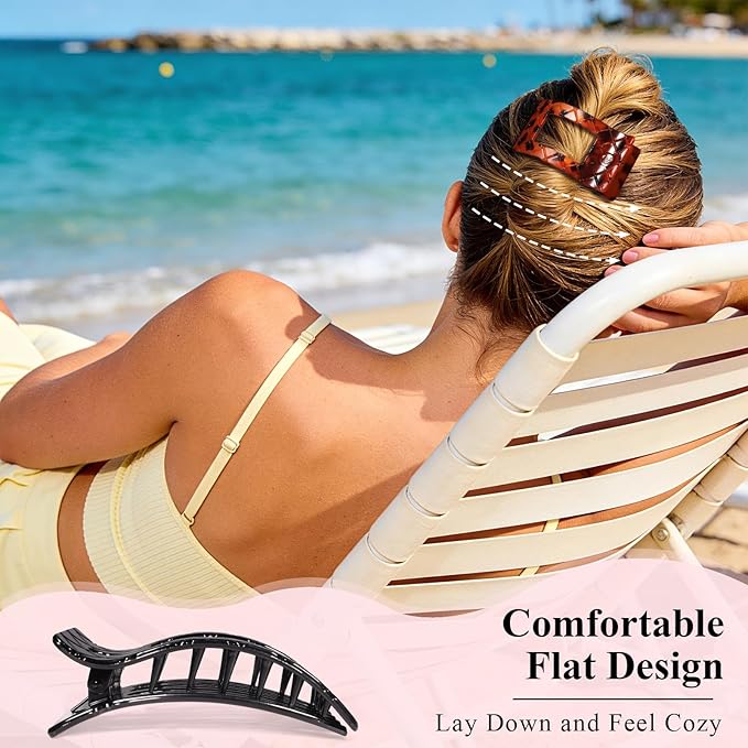 Large Flat Hair Claw Clips for Women Fine Thin Medium Thick Hair, Duckbill Strong Hold Non Slip Square Hair Clips, Cozy French Lay Down Hairclips, Tortoiseshell Colors, 4 Pcs