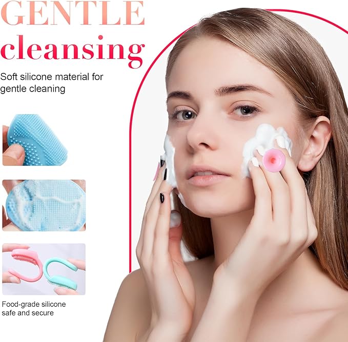 Silicone Face Scrubber & Exfoliator - 8 Piece Facial Cleansing Brush Set for Deep Cleaning, Blackhead & Acne Care, Ultra Soft Manual Pore Brush for Women & Men, Travel Friendly Skincare Tools