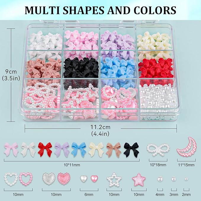 600 Pcs 3D Nail Charms and Flatback Pearls Set 1, 8 Colors Nail Bow Charms + Pink&White Star Heart Moon Cute Nail Charm Jewels + 2-4mm White Nail Pearls for Nail Art DIY Decoration with Pickup Tools
