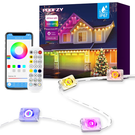 POOFZY Permanent Outdoor Lights for House, 200ft RGB+IC Smart Outdoor Decor, 50 Scene Modes, App/Remote Control, IP68 Waterproof, for Christmas, Holiday, Daily & Pool Party Decor, House Roof Lighting