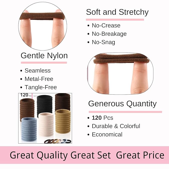 LuSeren 120 Pcs No Damage Hair Ties for Thick Hair, Large Soft Seamless Nylon Hair Elastics for Women, Ponytail Holders, Hair Accessories Ã¢ÂÂ Neutral Colors