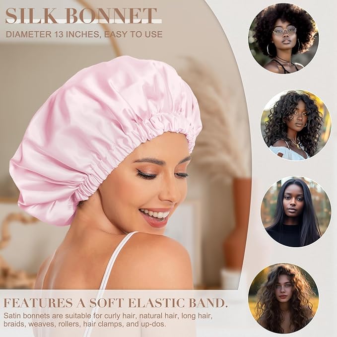 Satin Bonnet Silk Bonnet Hair Bonnet for Sleeping-Slouchy Beanie Hat Satin Sleep Cap for Women's Natural & Curly Hair(Pink)
