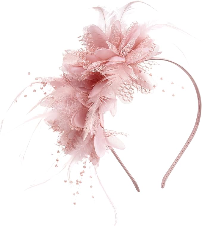 Womens Fascinators Hats Tea Party Hats for Women, Feather Pearl Veil Headband for Wedding Cocktail Dresses Accessories