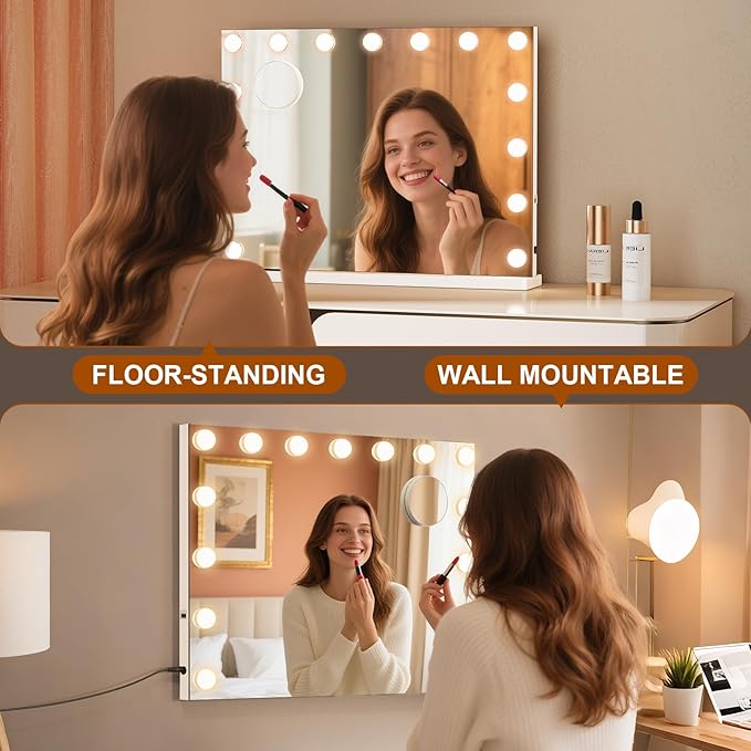 Vanity Mirror with Lights and Bluetooth, 23"X18" Hollywood Mirror for Desk/Wall-Mount, 3 Color Modes Light up Mirror with 15 LED Bulbs USB Charging Port and 10X Magnification, Gifts for Women