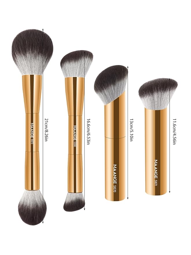 MAANGE 4-Piece Gold Cosmetic Brush Set: Double-Ended Angled Kabuki, Foundation, Blush & Contour Brushes for Face Makeup
