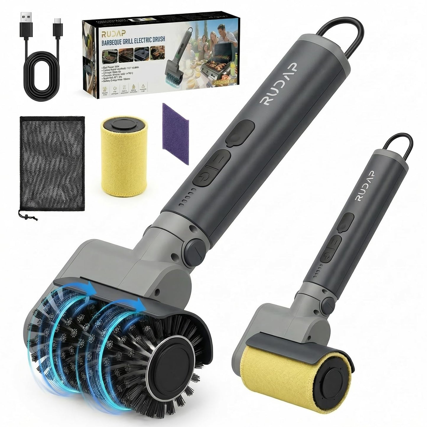 Electric Grill Brush, Cordless Rechargeable Grill Cleaner, 58W BBQ Cleaning Brush with 5200mAh Battery, 150-Min Runtime, 3 Speeds, Angle Adjustable, IPX7 Waterproof, Anti-Shedding for Outdoor Barbecue