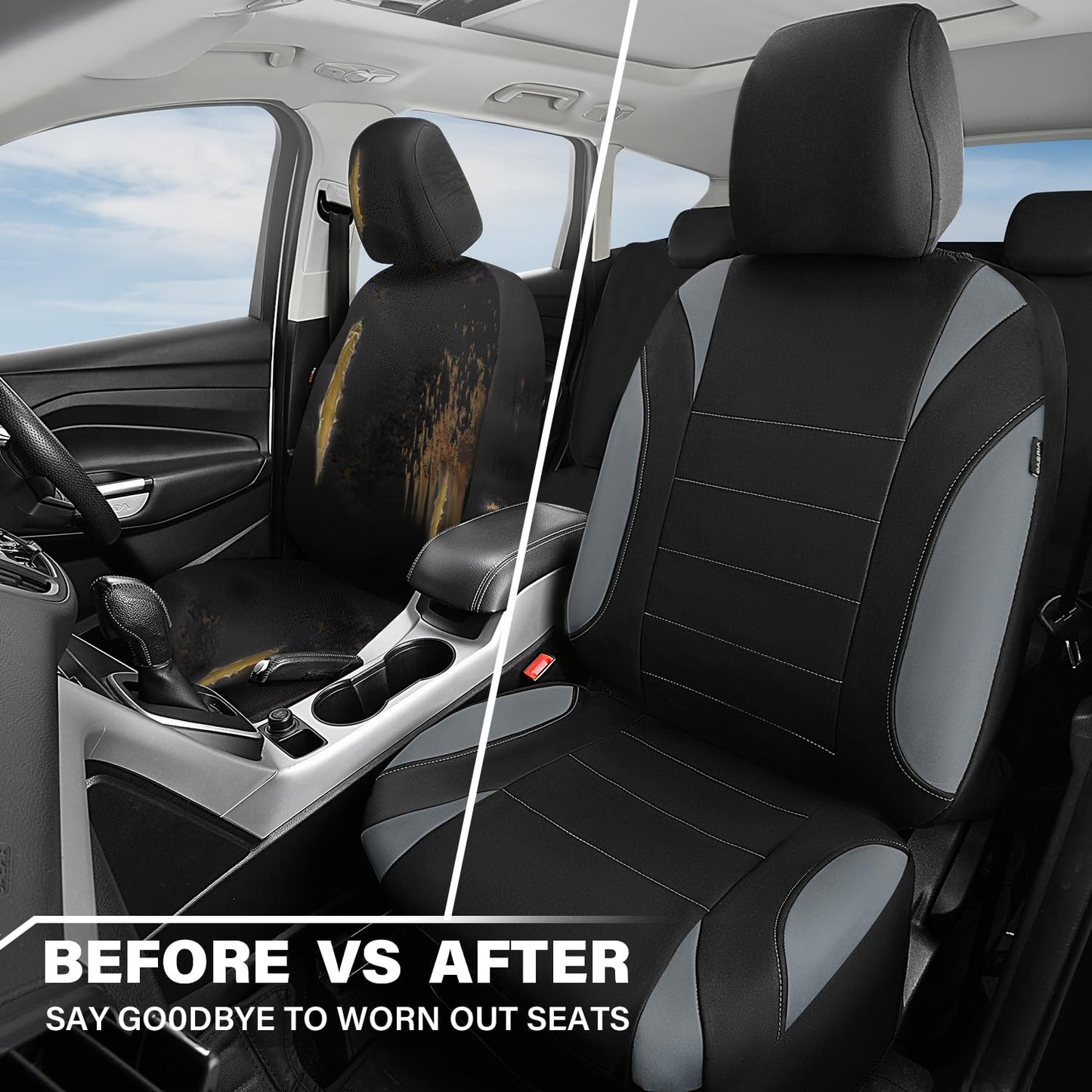 CAR PASS Waterproof Car Seat Covers Full Sets, Universal Fit Seat Covers for Cars, EVA Neoprene Seat Cover Set Full Sets, Interior Covers for Auto SUV,Vans,sedans, Trucks,(Black and Gray)