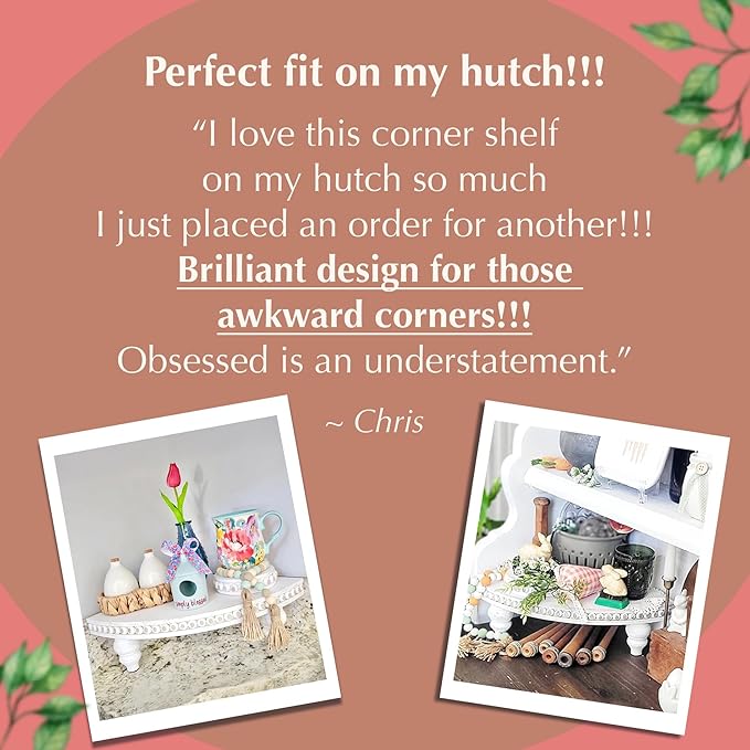 Corner Pedestal Stand Rustic Decor Riser for Display - Farmhouse Wood Rounded Beaded Tray for Kitchen and Bathroom Countertop Organizer, Coffee Bar, Plant Stand with Removable Feet (Rustic White)