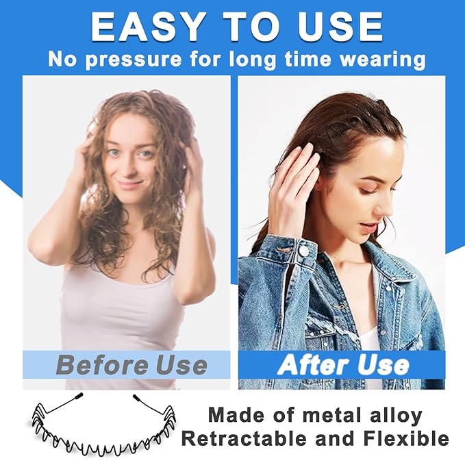 Metal Headbands for Men, Fashion Unisex Wavy Hair Bands, Elastic Zigzag Hairbands Perfect for Outdoor Sports, Daily Styling (3 Pack)