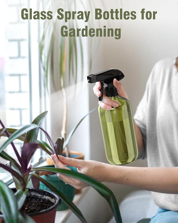 Bontip Glass Spray Bottle, Olive Green Glass Spray Bottle Set & Accessories Refillable for Plants Window Cleaners Aromatherapy Facial Hydration Watering Flowers Hair Care (2 Pack/16 oz) (Olive Green