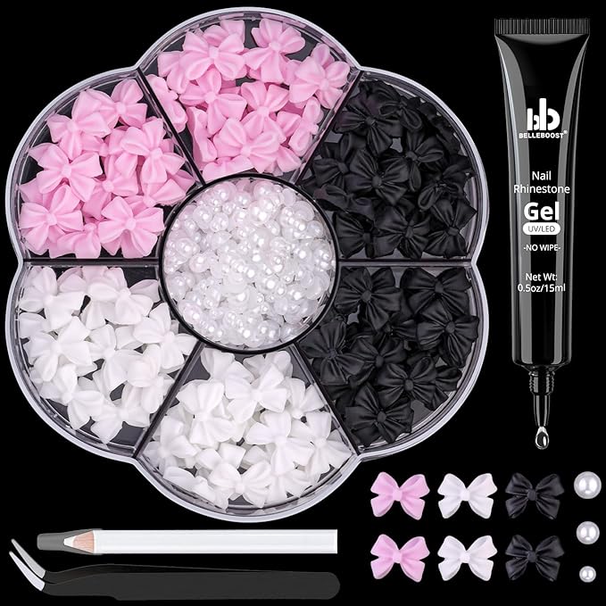 120 Pcs 3D Nail Bow Charms + 2-4mm Nail Pearls Set 8, Pink White Black Bow Nail Charms and White Flatback Pearls with Nail Charm Glue Gel(UV Needed) and Pickup Tools for Nail Art Decoration, Small