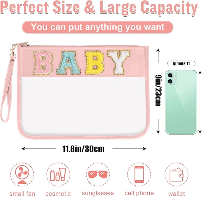 izuzta Chenille Letter Clear Bag Baby Purse Pouch, Monogram PVC & PU Clear Zipper Pouch with Wristlet, Waterproof Portable Glitter Snacks Makeup Beach Pouch Toiletry Bag for Women Girls (BABY-Pink)