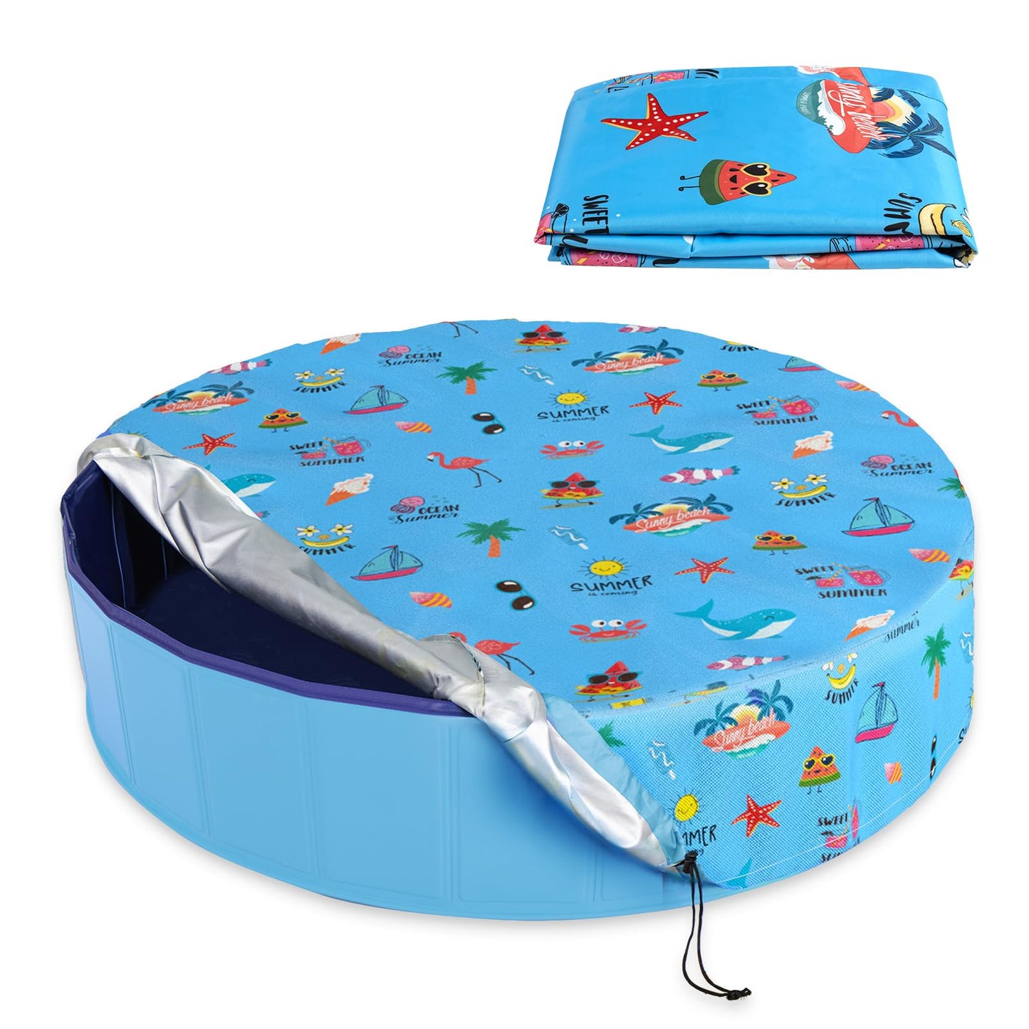 Docuwee Round Pool Cover 63"(5 Ft), Foldable Kiddie Solar Cover Fit Dog Swimming Pool, Pets Kids Bath Tub, Anti-UV Dustproof Safety Pool Cover with Summer Beach Patterns