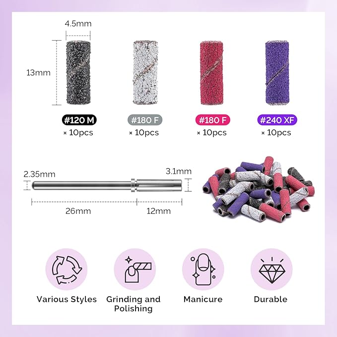 MelodySusie Nail Drill Bits, 10Pcs Diamond Sanding Bit Set with 40pcs Small Sanding Bands (#120#180#240 Grits) with 3.1mm Mandrel Bit, Nail Gel Polish Remover Tool for Acrylic Nails Manicure Nail Prep